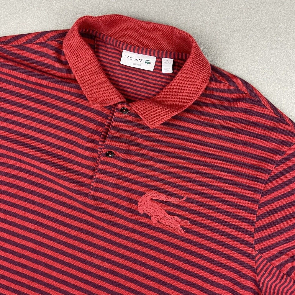 Lacoste Red and Navy Striped Polo Shirt
